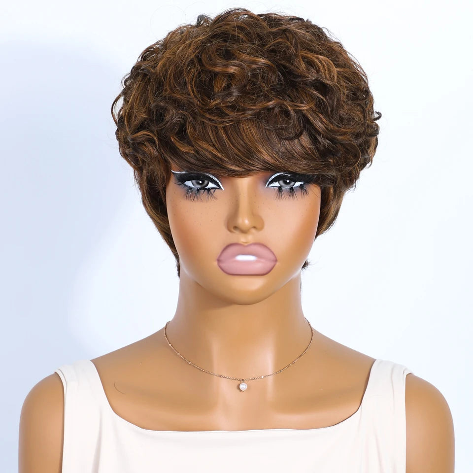 Mixed Brown Short Pixie Cut Curly 100% Human Hair Wig For Women Brazilian Remy Hair Colored Side Part Full Machine Wigs