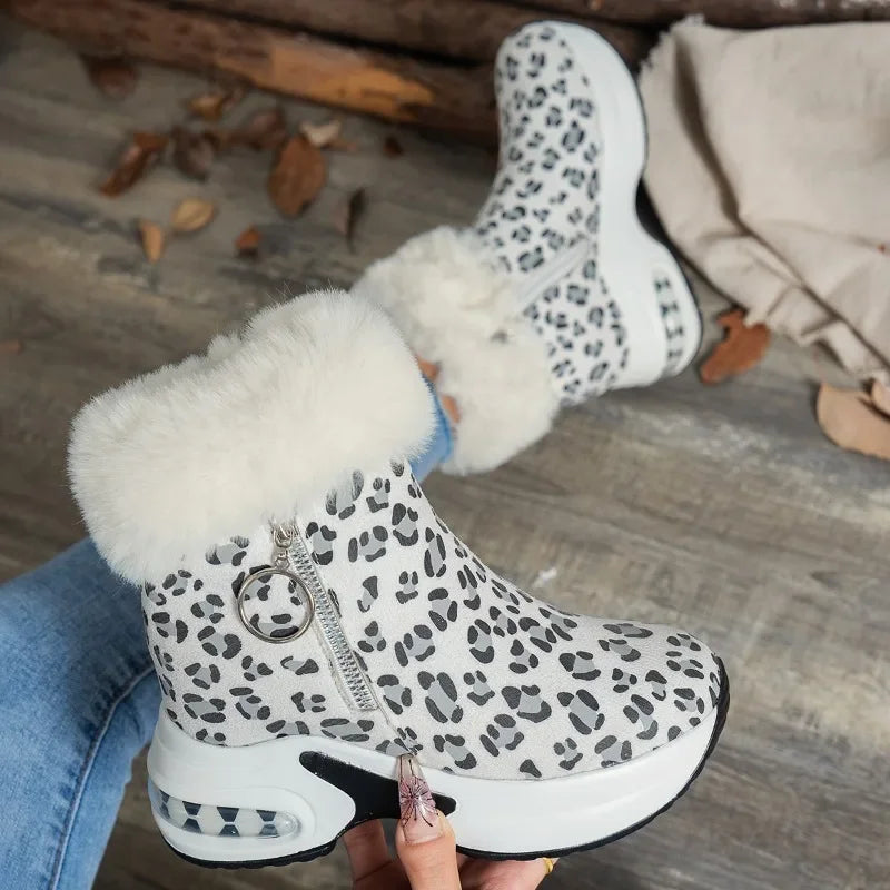 Thick-soled Leopard Print Frosted Zipper Cotton Boots
