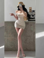 Puro Deseo Chica Picante Sexy Hombro Descubierto Aspecto Ajustado Cintura Estrecha Top Sin Mangas Dulce Mini Vestido Mujer Coreana Novedades 2025 AYT8