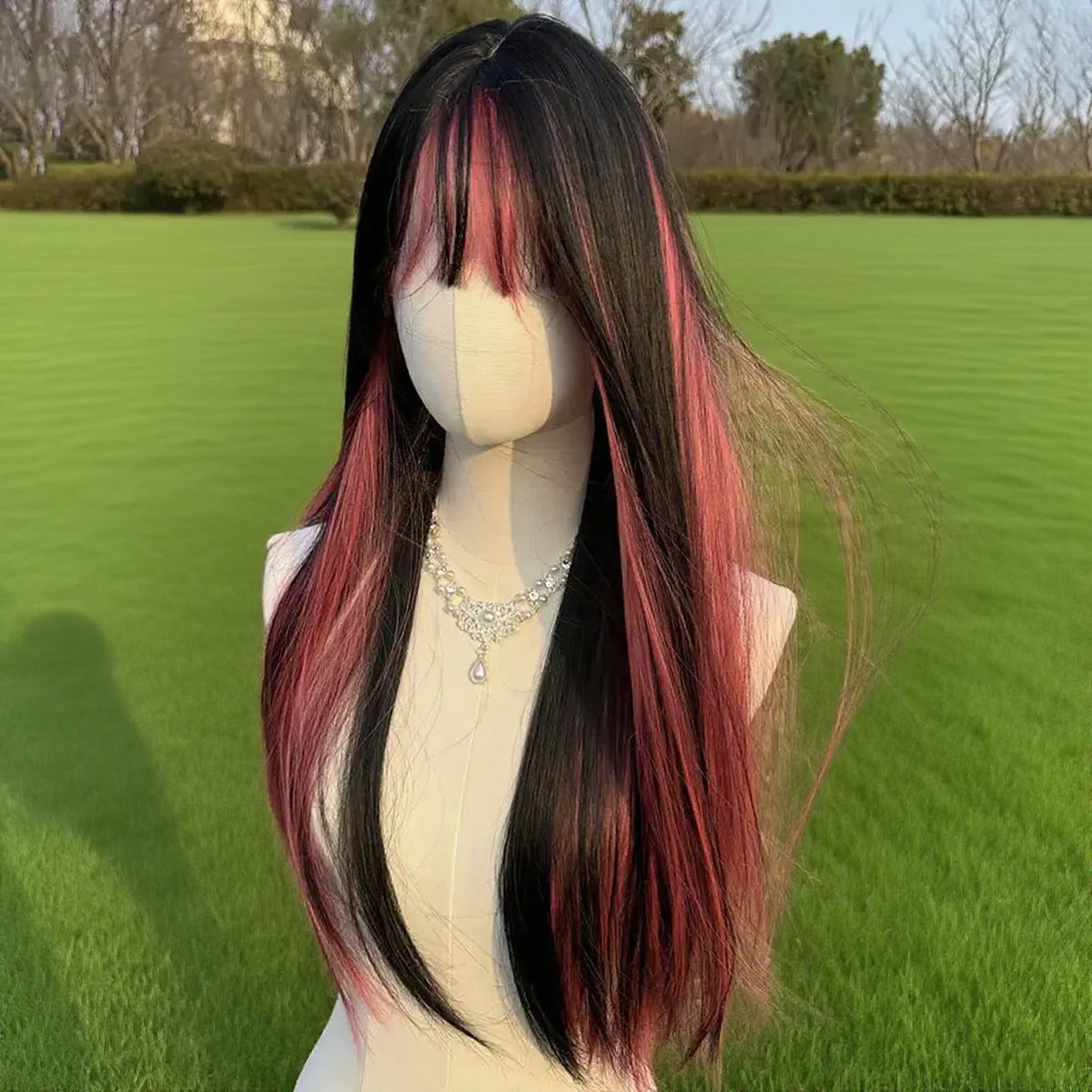 Black And Pink Highlight Synthetic Wigs