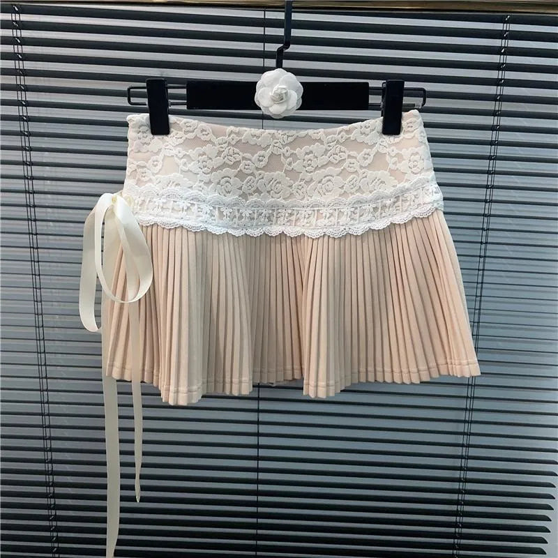 Neploe 2026 Verano Nueva Falda Rosa para Mujer Y2k Cintura Alta Lazo Cordón Faldas Moda Versátil Fruncido Línea A Faldas Mujer