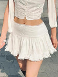 Zoki Faldas Blancas Dulces para Mujer Elegante Encaje Patchwork Cintura Alta Minifalda Sexy Falda Plisada Vintage Francesa Delgada para Baile Femenina