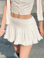 Zoki Faldas Blancas Dulces para Mujer Elegante Encaje Patchwork Cintura Alta Minifalda Sexy Falda Plisada Vintage Francesa Delgada para Baile Femenina