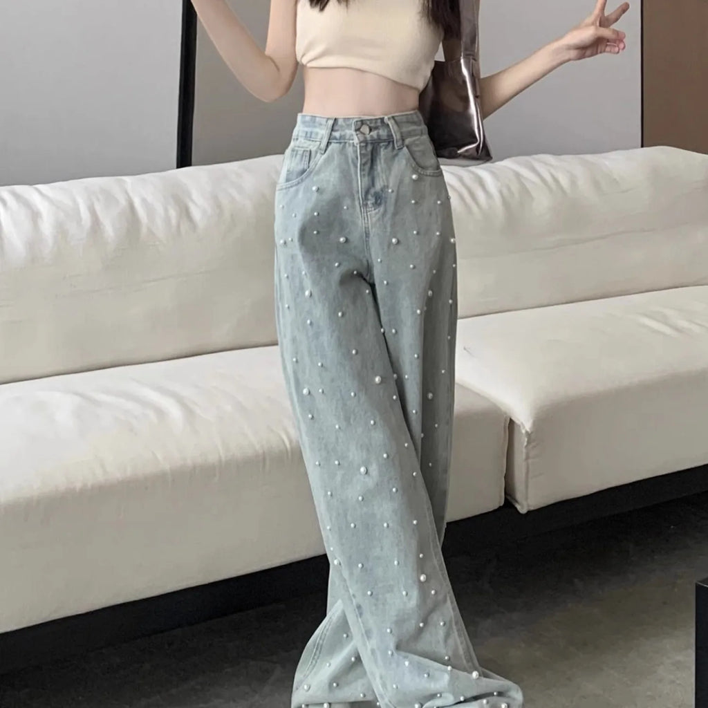 Jeans de mujer de cintura alta rectos azules con perlas bordadas, pantalones vaqueros de primavera otoño, diseño chic de ropa urbana, jeans holgados para mujer, ropa de mujer
