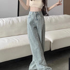 Jeans de mujer de cintura alta rectos azules con perlas bordadas, pantalones vaqueros de primavera otoño, diseño chic de ropa urbana, jeans holgados para mujer, ropa de mujer