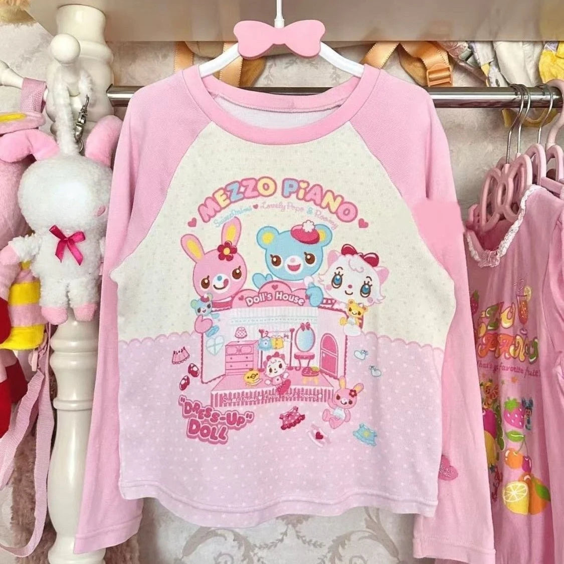 Blusa Estampada Kawaii Sweet Lolita para Mujer Manga con Volantes Encaje Camiseta con Ribete de Lazo Decoración Personaje de Dibujos Animados Estampado Integral Top Lindo
