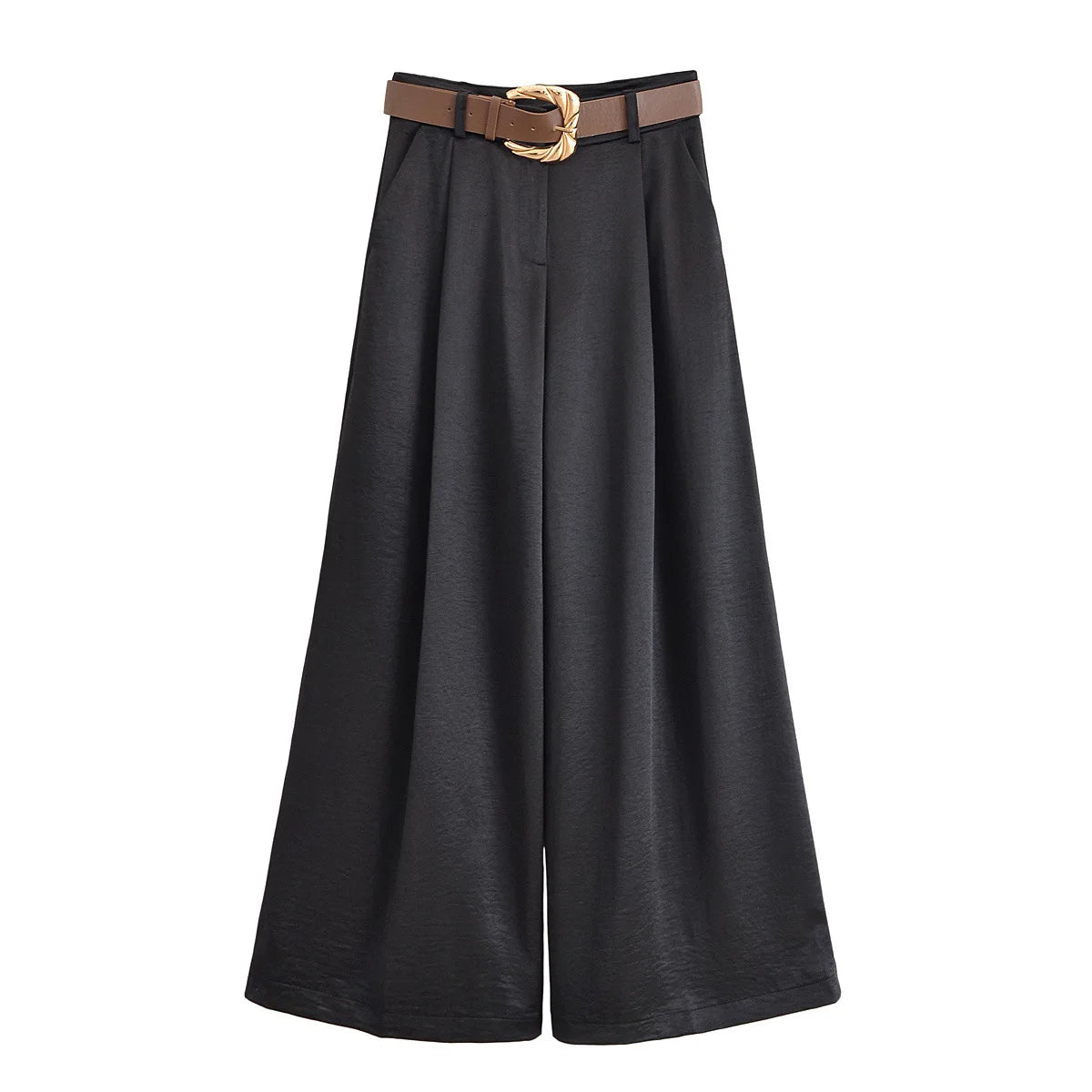 Pantalones anchos de mujer de talle alto con cinturón, ropa de calle elegante de verano, pantalones rectos sueltos informales para mujer, pantalones de satén con estampado de leopardo para mujer