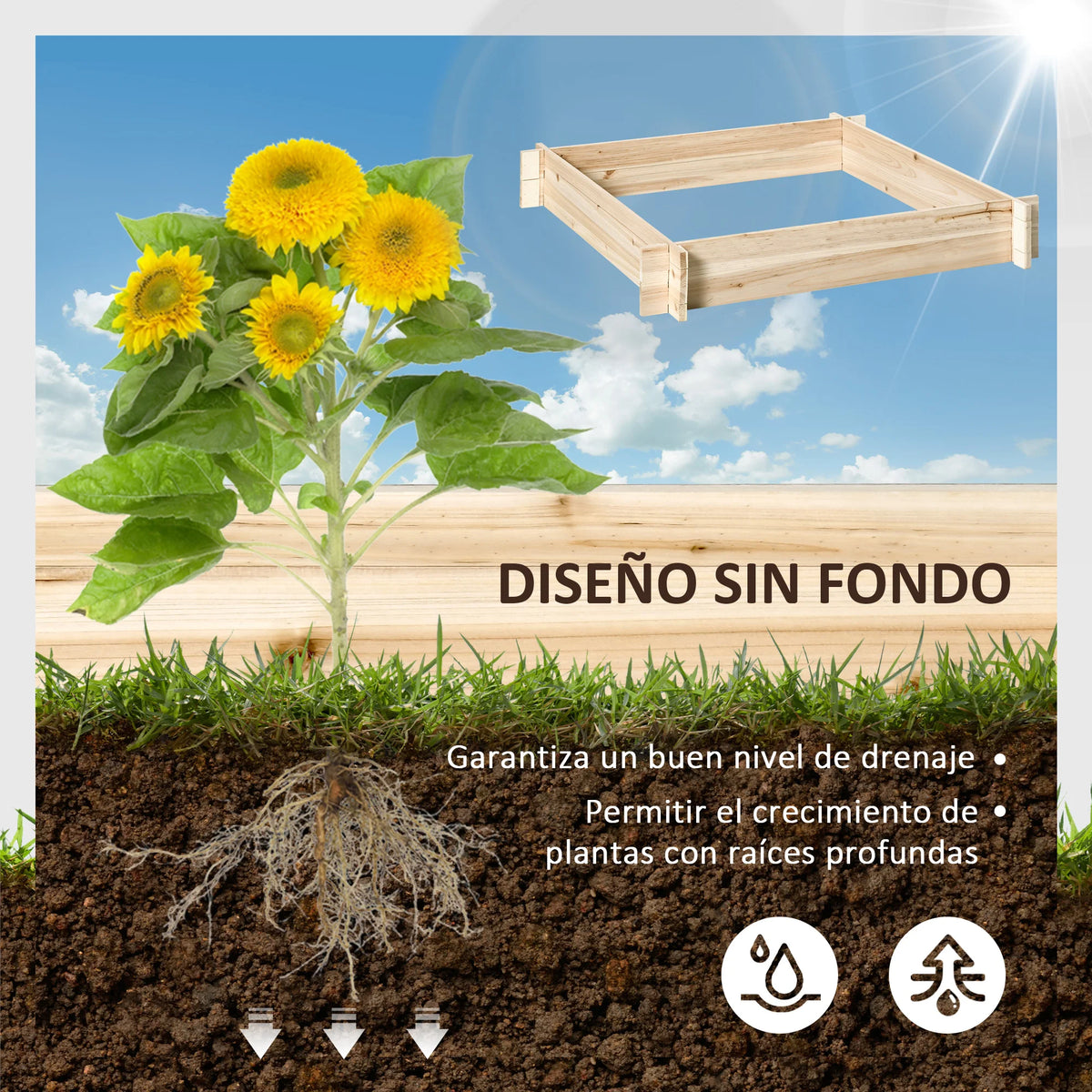 Outsunny Garden wooden Arriate urban garden floor 100x100x16cm Natural