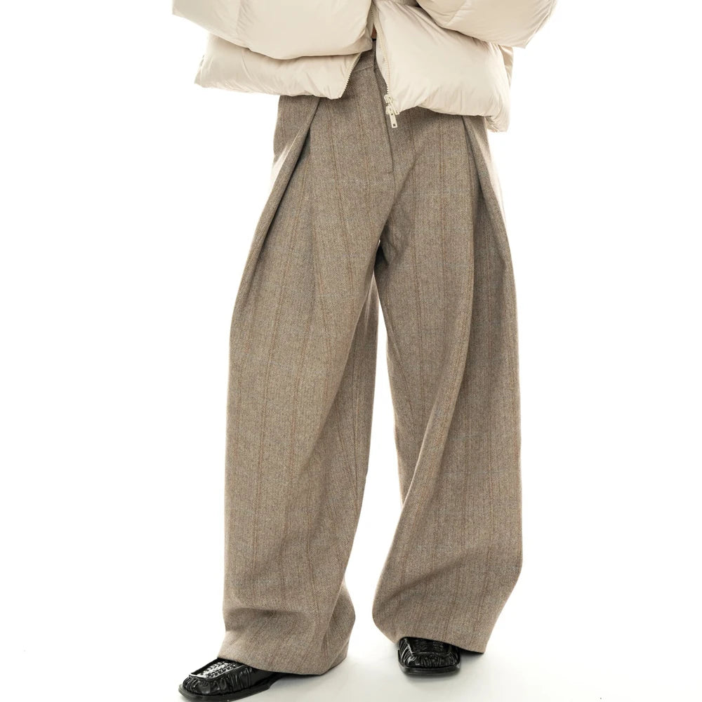 Pantalones de Moda de Mujer de Primavera de 80% Lana, Pierna Ancha, Cintura Alta, Rayas, Rectos, Ropa de Moda, Pantalones Femeninos