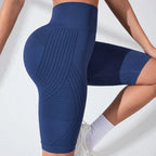Pantalones cortos de yoga sin costuras para mujer, de cintura alta, a rayas, ajustados, pantalones cortos sexy para levantar glúteos, para gimnasio, de entrenamiento, de alta elasticidad, tipo capri