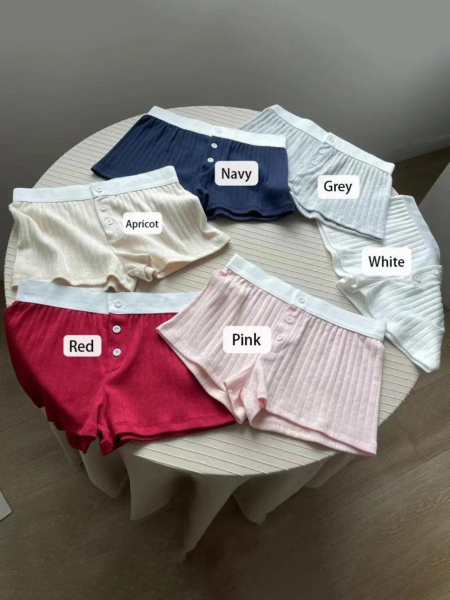 Shorts para mujer de algodón con ojales florales para verano, tres botones, patchwork, cintura elástica, pantalón corto recto, dulce y lindo, para casa, ropa interior
