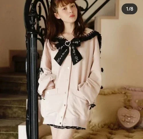 Sudadera japonesa Liz Mine masivamente producida con cuello marinero, lazo de cinta, estilo preppy dulce, Y2K, para mujer, otoño, bonita, oversize