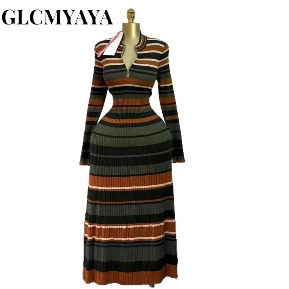 GLCMYAYA Vestido Largo Maxi de Mujer a Rayas de Manga Larga con Cuello en V 2025 Otoño Invierno Calle Casual Cumpleaños Fiesta Sexy Vestidos de Noche