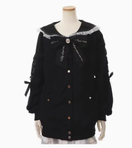 Sudadera japonesa Liz Mine masivamente producida con cuello marinero, lazo de cinta, estilo preppy dulce, Y2K, para mujer, otoño, bonita, oversize