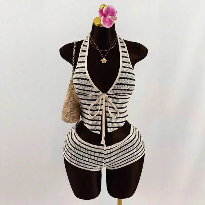 Knitted Lace up Slim Fit Halterneck Vest + Half-Length Shorts Set
