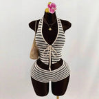 Knitted Lace up Slim Fit Halterneck Vest + Half-Length Shorts Set