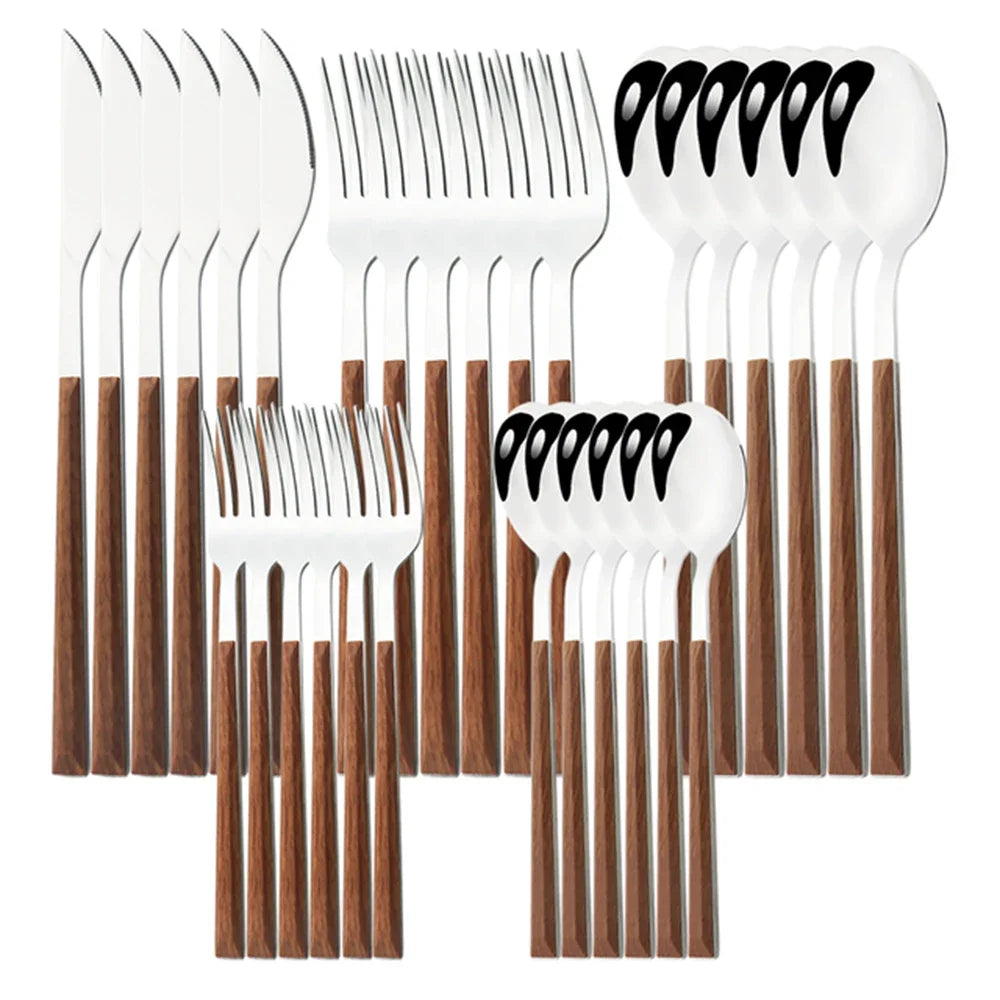 16/24/30Pcs Stainless Steel Imitation Wooden Handle Cutlery Se