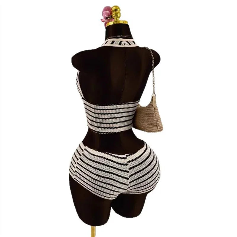 Knitted Lace up Slim Fit Halterneck Vest + Half-Length Shorts Set