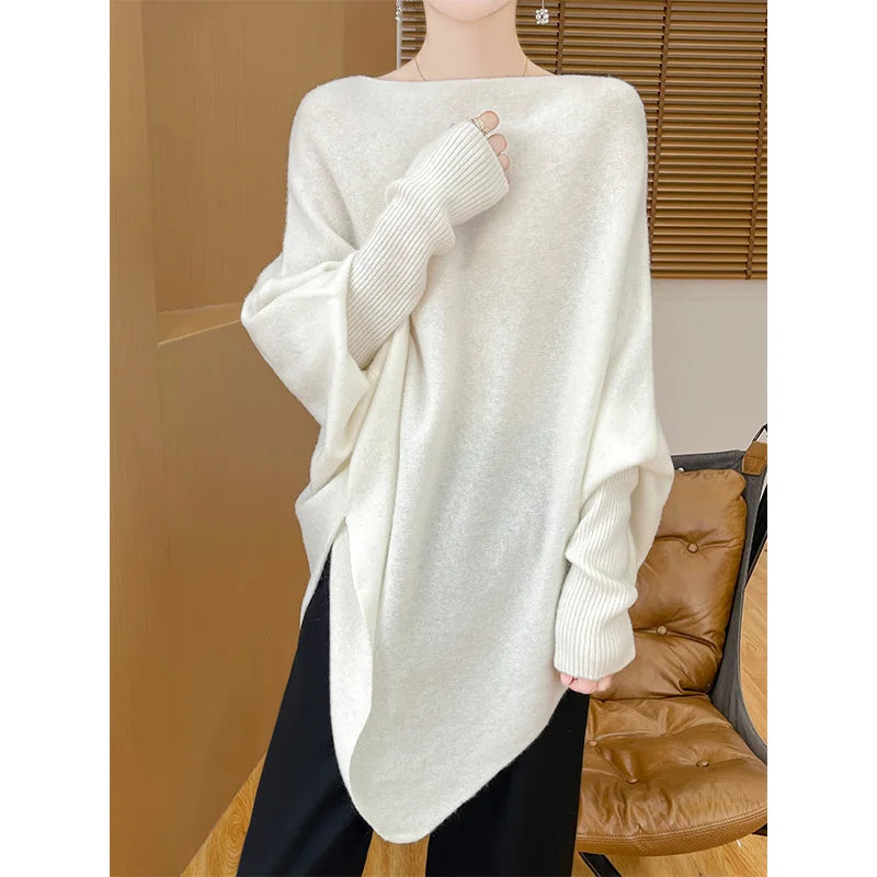 Suéter de Lana Francés para Mujer Manga Larga Color Liso Jersey Cuello Redondo Suelto de Punto Tipo Chal