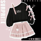 Conjunto de top con lazo bordado, cuello oblicuo, contraste de cuero y tirantes + Falda de pastel con encaje empalmado