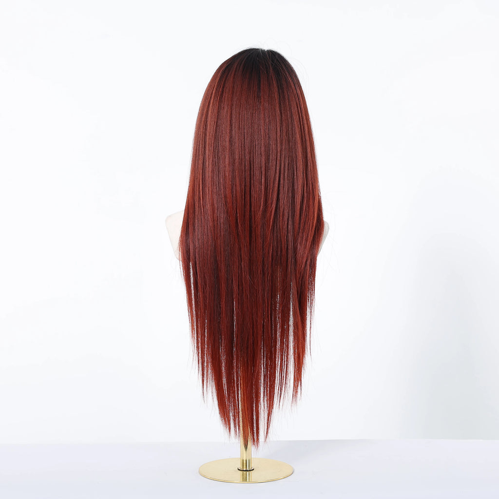 Burgundy Wine Red Ombre Layered Synthetic Wigs With Bangs Super Long Straight Wig For Women Cosplay Natural Daily Heat Resistant
