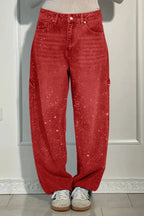 Pantalones vaqueros de mujer con estrellas bordadas y diamantes de imitación, estilo vintage informal de mezclilla con detalles brillantes
