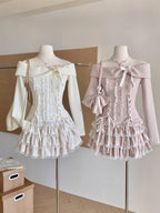Conjunto de 2 piezas de invierno de punto japonés Kawaii Y2k para mujer, falda elegante de encaje, retro, traje de falda chic, tops + minifalda de pastel 2025