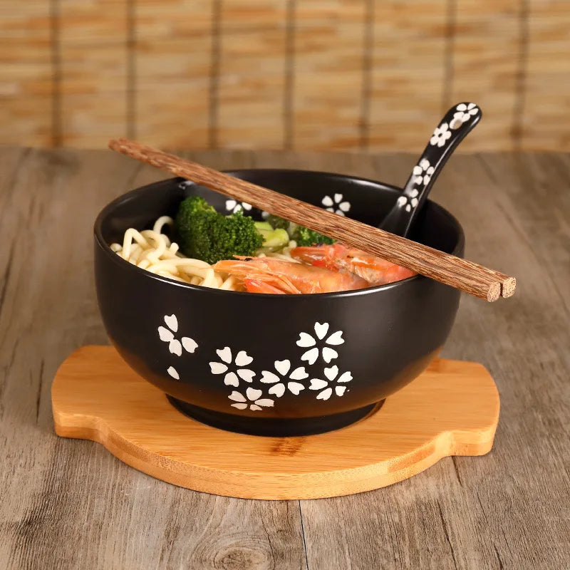 Ceramic Japanese Style Rice Noodle Bowl with Lid Spoon Chopstick