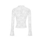 Lace Long Sleeve Plunge V-neck Bell-Sleeve Sheer Lace Crop Shirt