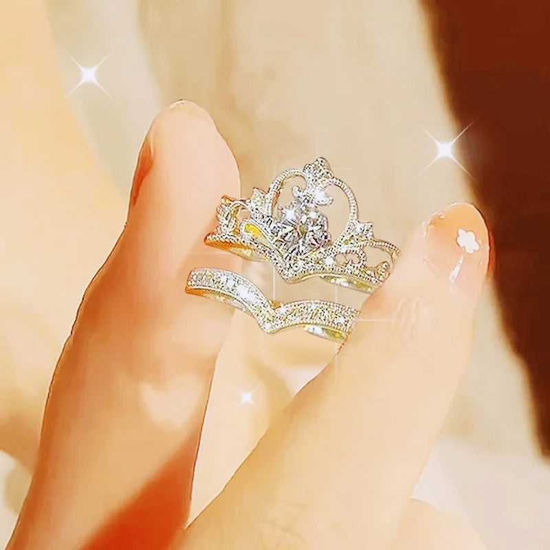 2PCS Crystal Crown Adjustable Ring