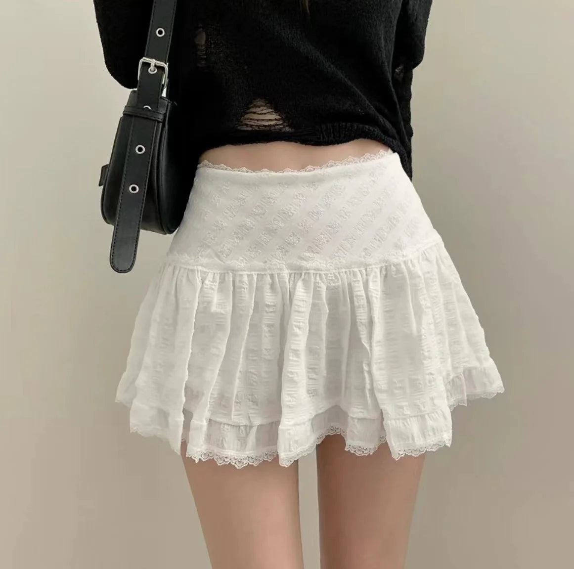 Minifalda de talle bajo Y2K con volantes escalonados y encaje, falda corta blanca de verano para mujer, adolescente, conjunto femenino estilo Barbiecore