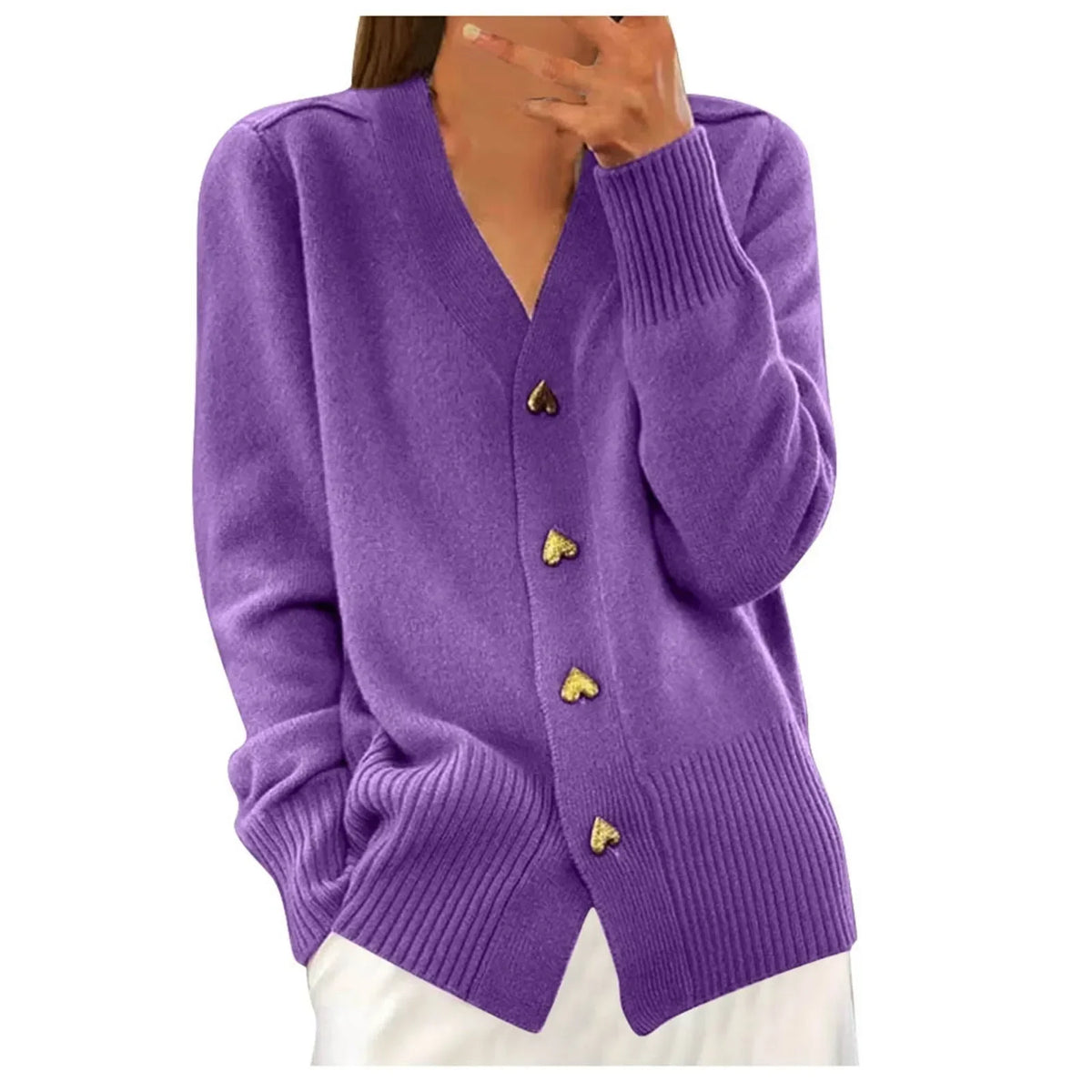 V Neck Love Button Down Plain Yarn Buttoned Cardigan