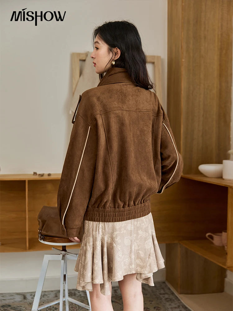Split Turn Down Collar Suede Short Loose Coat