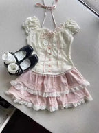 Bow Knitted Cardigan + Ruffles Plaid Mini Skirt Set