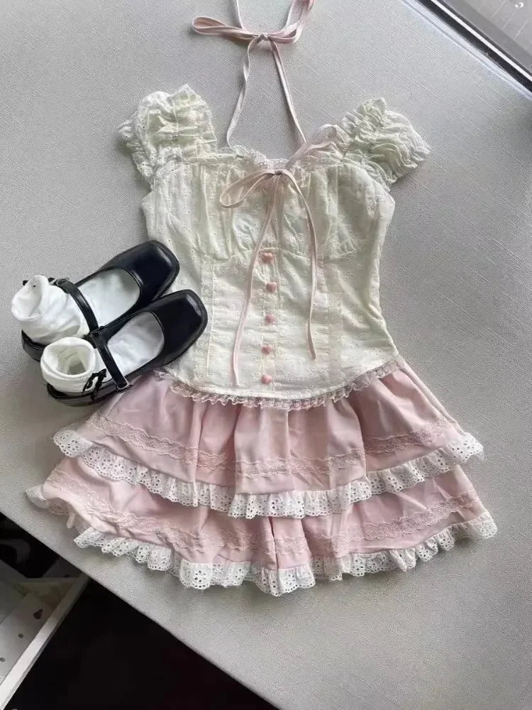 Bow Knitted Cardigan + Ruffles Plaid Mini Skirt Set