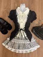 Bow Knitted Cardigan + Ruffles Plaid Mini Skirt Set