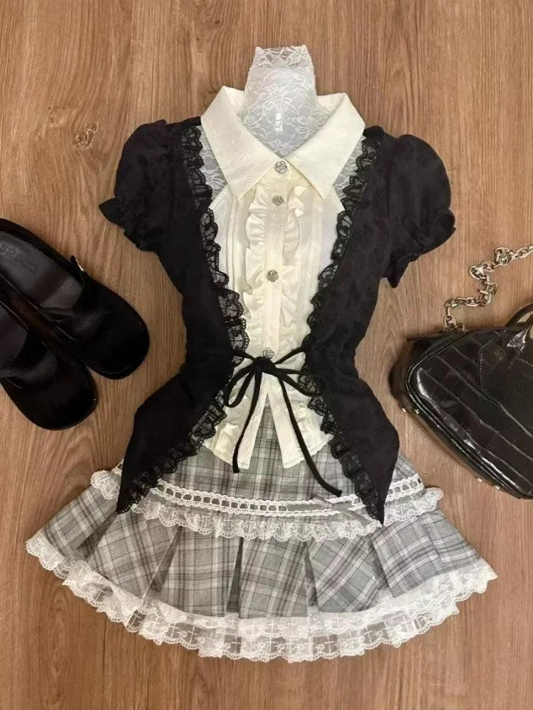 Bow Knitted Cardigan + Ruffles Plaid Mini Skirt Set