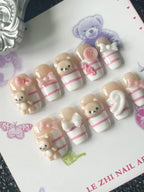 Uñas Postizas Kawaii con Diseño 3D de Oso Cuadradas Cortas