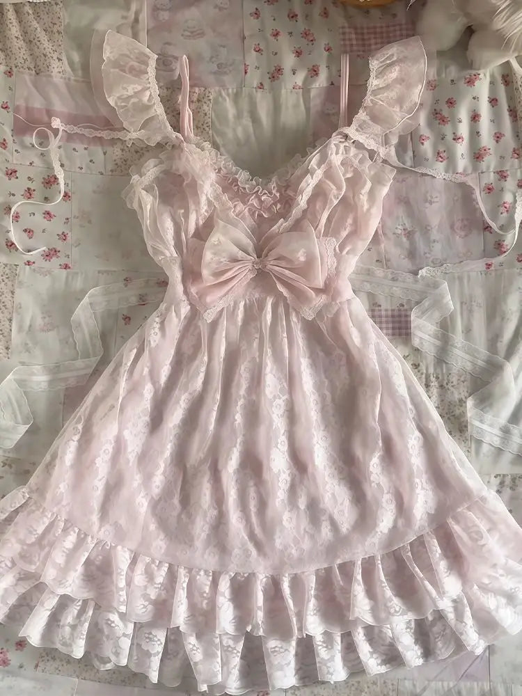 Lace Blouse Bow Sling Dress Two-Piece Set