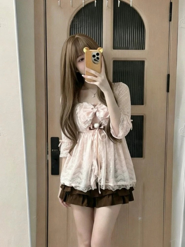 Strap Tops + Cardigan + Skirt Set