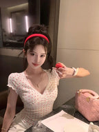 V-neck Lace Stitching Short-sleeved T-shirt