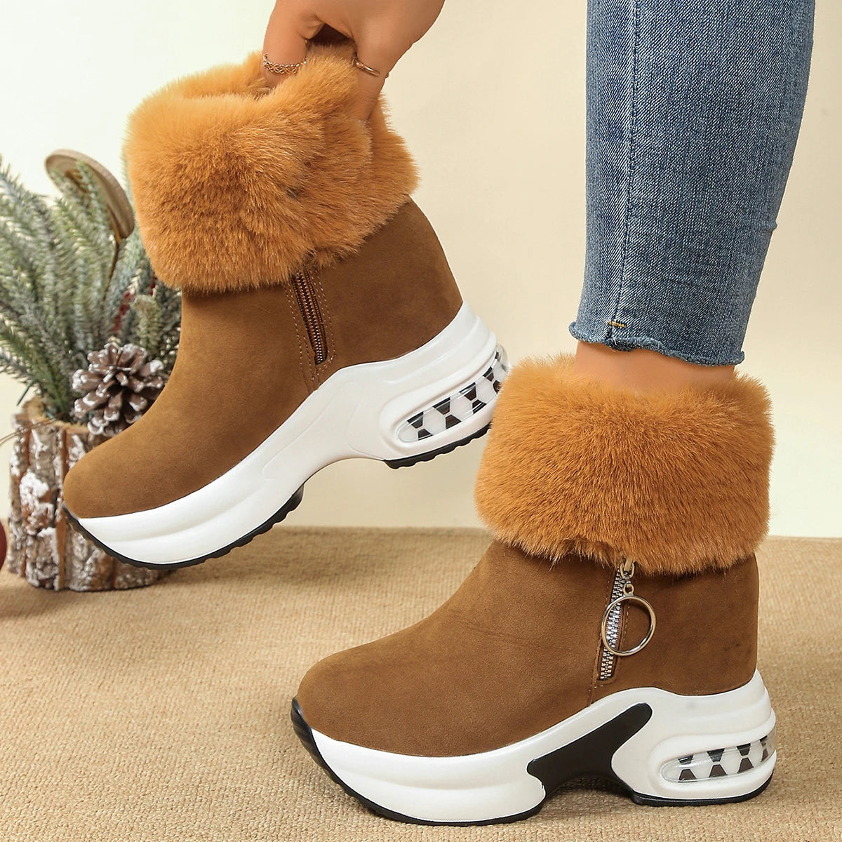 Thick-soled Leopard Print Frosted Zipper Cotton Boots