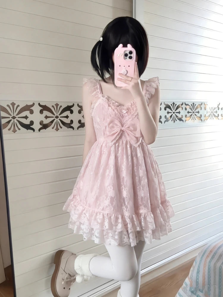 Lace Blouse Bow Sling Dress Two-Piece Set