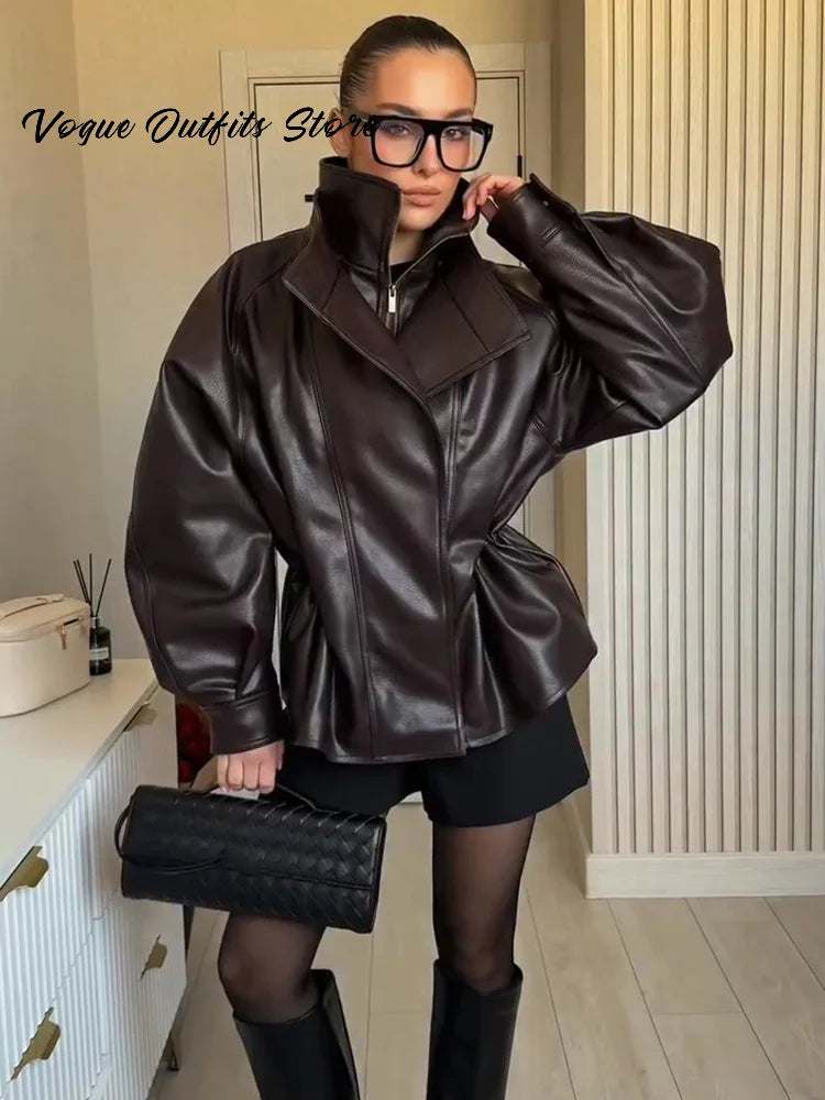 Chaqueta de cuero tipo parka marrón a la moda para mujer, cuello alto oversize, cordón ajustable, cremallera, abrigo de otoño 2026, ropa de calle vanguardista para mujer