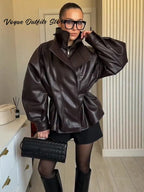 Chaqueta de cuero tipo parka marrón a la moda para mujer, cuello alto oversize, cordón ajustable, cremallera, abrigo de otoño 2026, ropa de calle vanguardista para mujer
