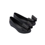 Glossy Square-Toe Jelly Flats with Sparkling Bow Accent