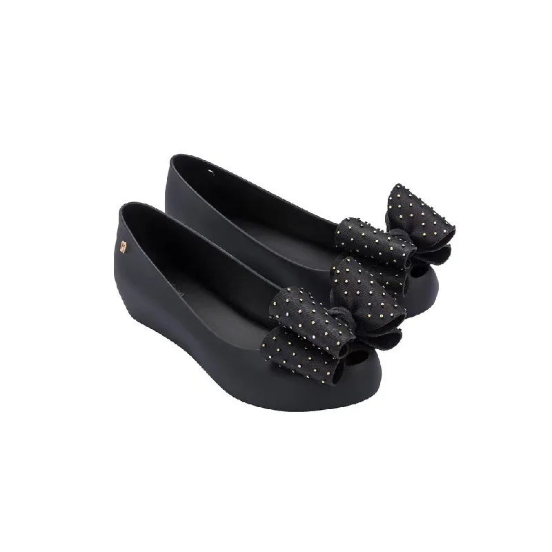 Glossy Square-Toe Jelly Flats with Sparkling Bow Accent