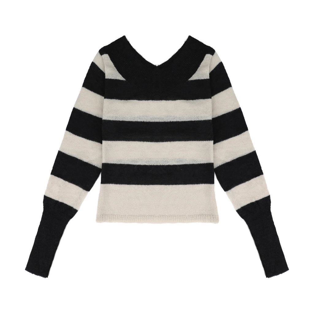 V-neck off-the-shoulder embroidery pattern long sleeves Striped Knit sweater