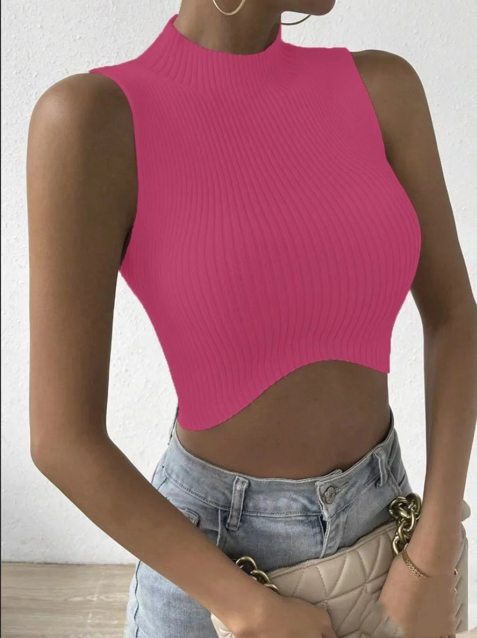 Sleeveless Mock Neck Rib Knit Top