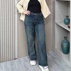 Pantalones vaqueros rectos de cintura alta para mujer, holgados, elásticos, de mezclilla, casuales, de pierna ancha, talla grande, primavera otoño